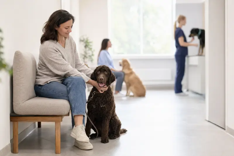 Ein ruhiger American Water Spaniel sitzt neben seinem Besitzer im hellen Wartezimmer einer Tierarztpraxis.